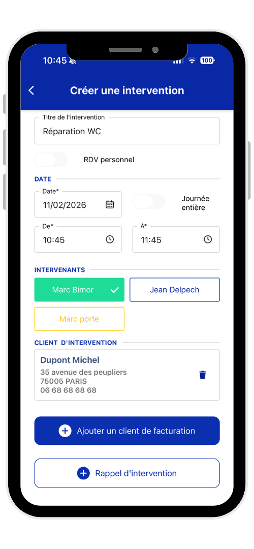 Création d’intervention sur application mobile Artizen avec attribution des intervenants et planification horaire