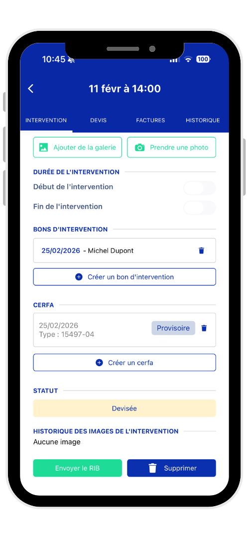 Fiche intervention mobile Artizen avec statut devisée, bon d’intervention et gestion CERFA