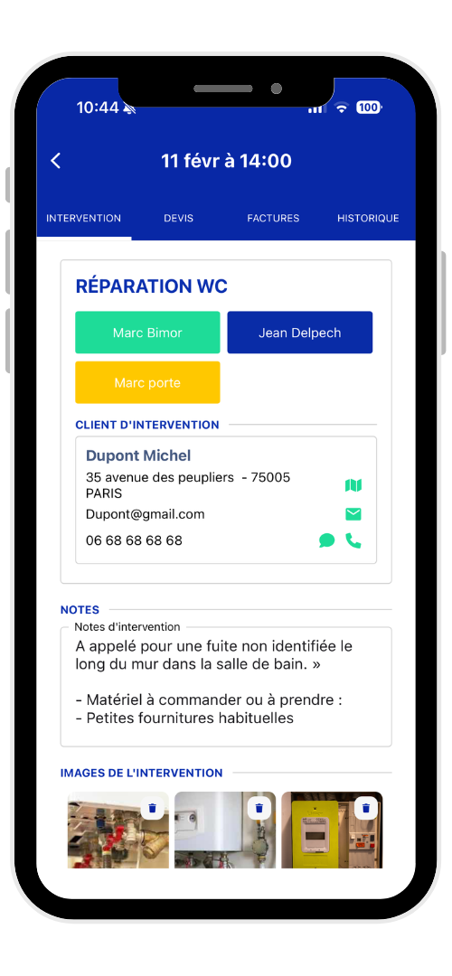Détail d’intervention sur application artisan avec notes chantier et photos