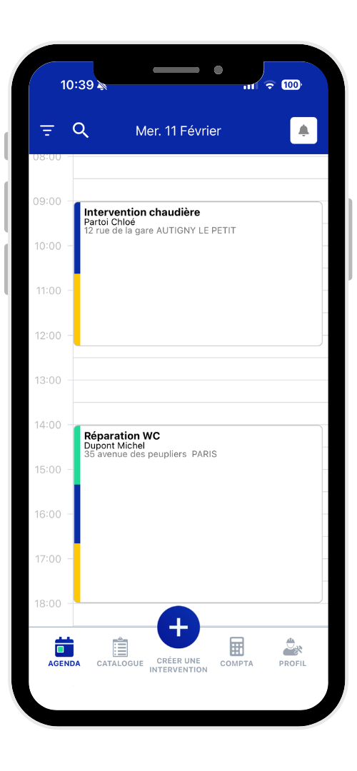Agenda mobile Artizen avec planning journalier des interventions
